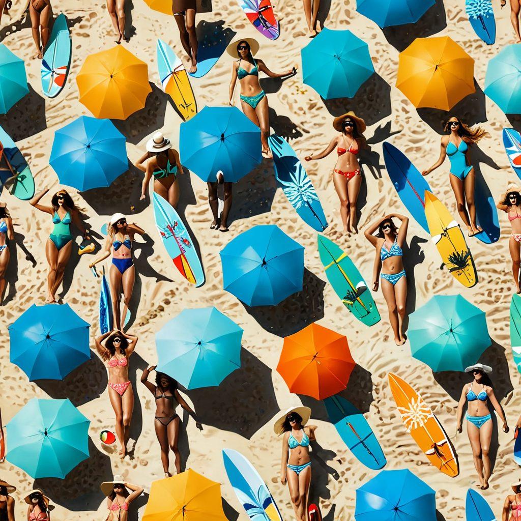 A vibrant beach scene showcasing a diverse group of stylish individuals wearing trendy swimwear and beach outfits. Include colorful umbrellas, surfboards, and beach accessories like hats and sunglasses. The setting should be sunny, with a clear blue sky and turquoise water, capturing the essence of summer fun and fashion. Emphasize dynamic poses and joyful expressions. super-realistic. vibrant colors. summer vibe.